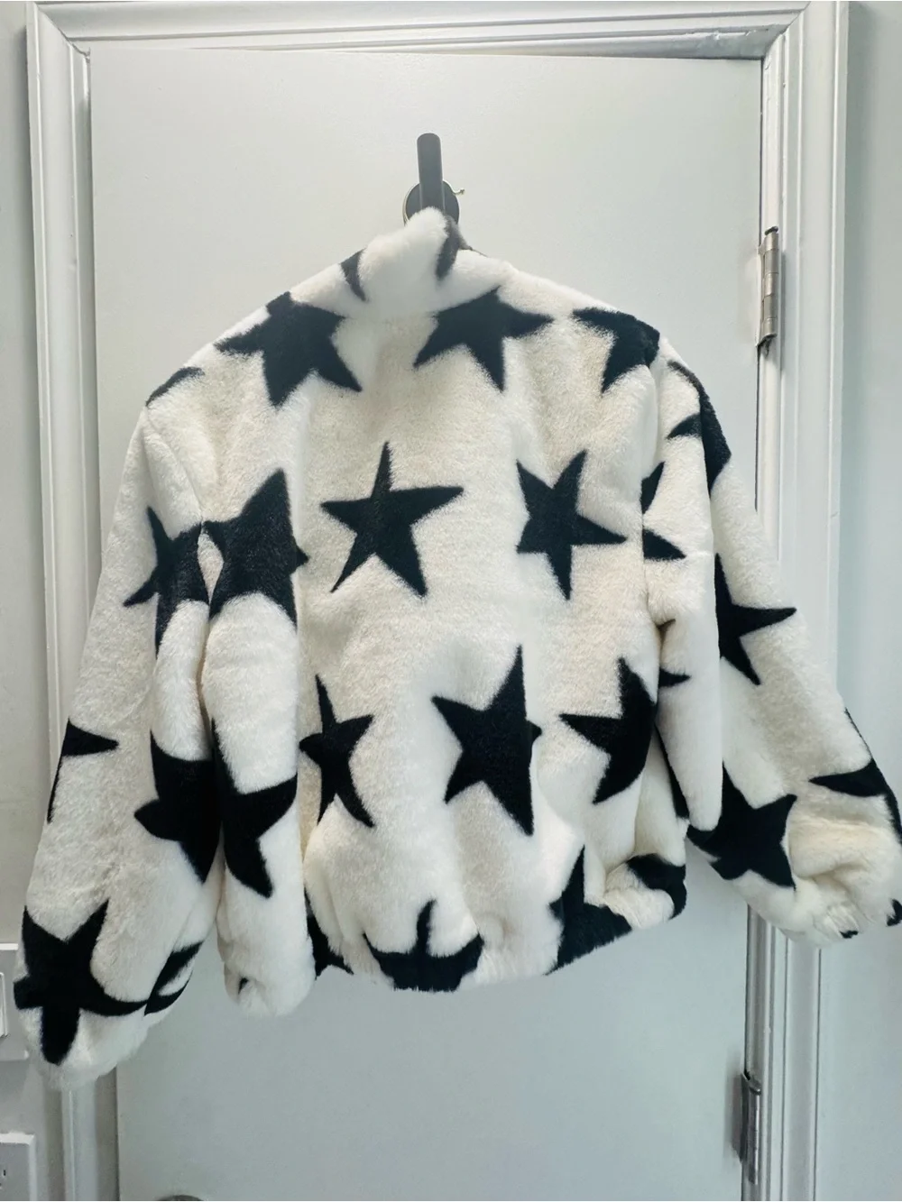Old Navy White Faux-Fur Jacket with Black Star Print